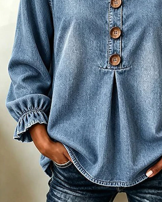 Top Denim V-Hals Knap Rynkeærme