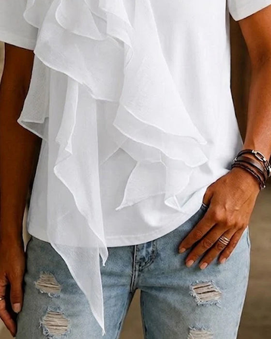 T-Shirt Rund Hals Ruffle Uregelmæssig