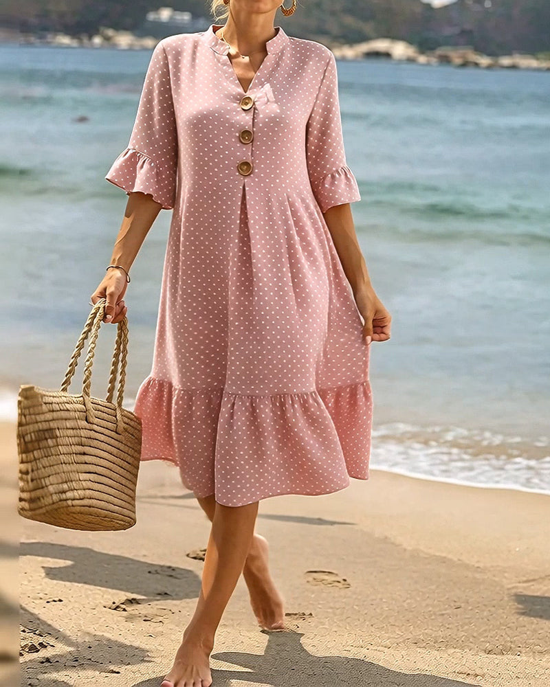 Kjole Polka Dot V-Hals Rynket Ærme