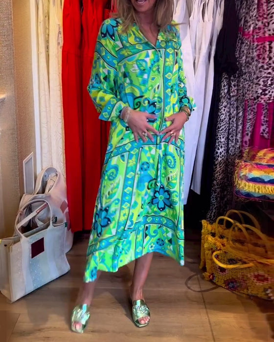 Lang grøn kjole i løs pasform med print