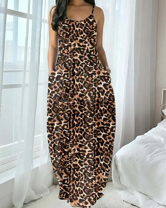 Kjole Spagettibånd Leopard Tryk Taljeret A-Linje