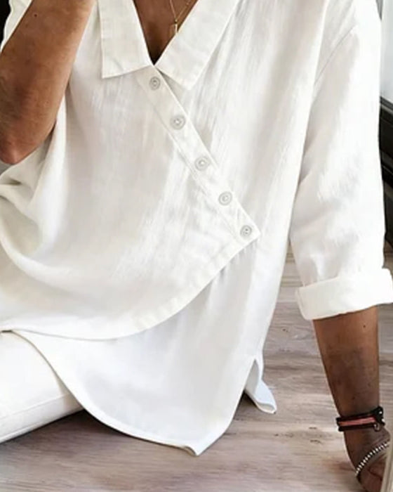 Bluse Med Asymmetrisk Diagonal Knaplukning Og Krave