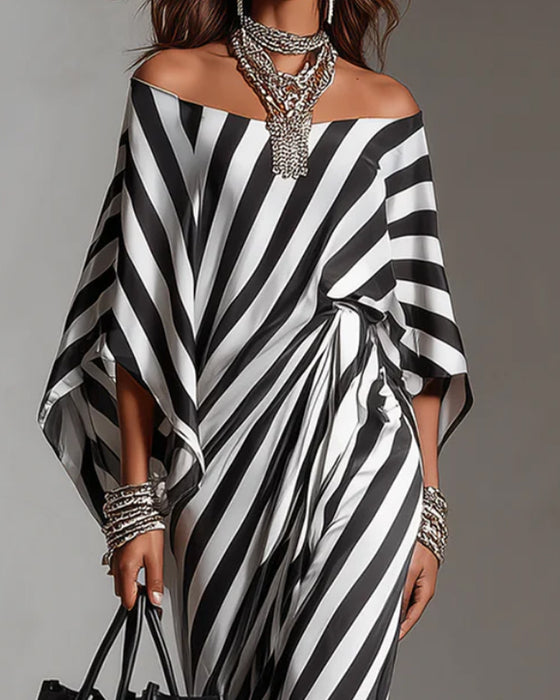 Kjole Off-shoulder Flagermusærme Stribe Lang