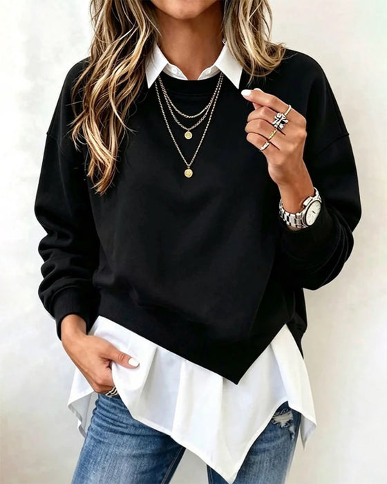 Sweatshirt Falsk Todelt Patchwork Med Krave