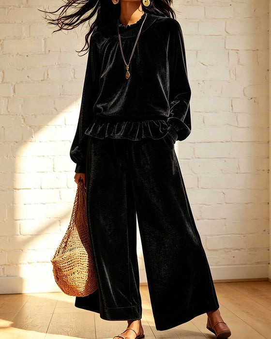 Sæt Ensfarvet Rysjer Top Vide Bukser