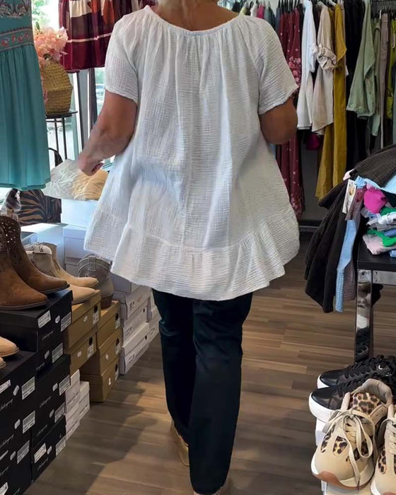 Bluse Rund Hals Rynket Afslappet Solid