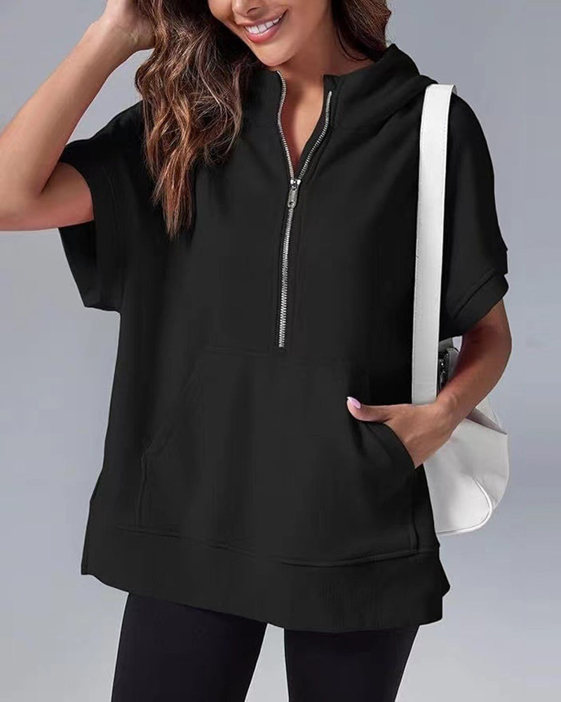 Sweatshirt Korte Ærmer Delvis Lynlås Hætte