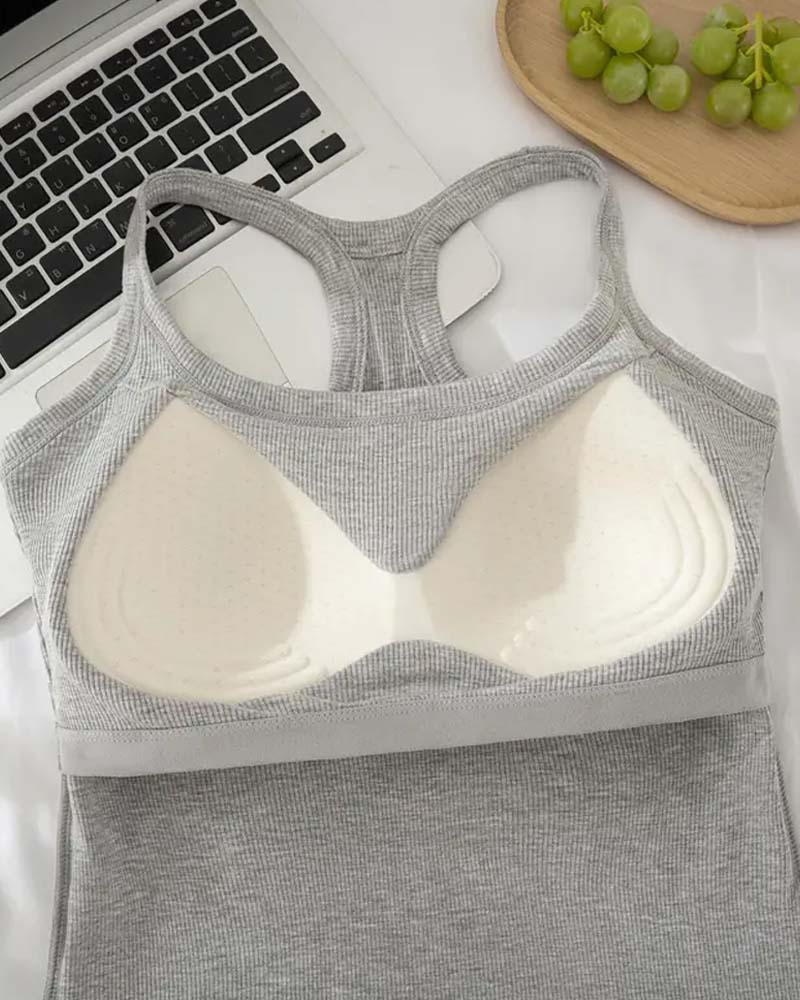 Tanktop Indbygget Bh Ribstrikket Ensfarvet