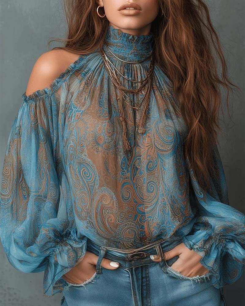 Bluse Trykt Off-Shoulder Mandarin Krave