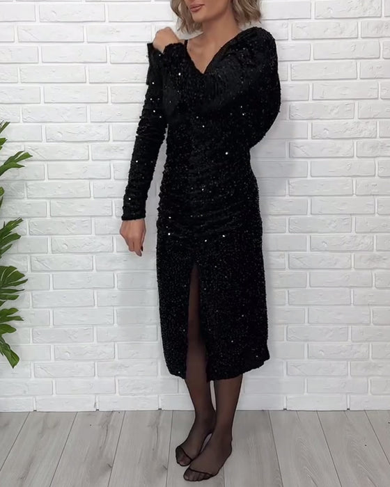 Kjole V-Hals Pailletter Slids Fest