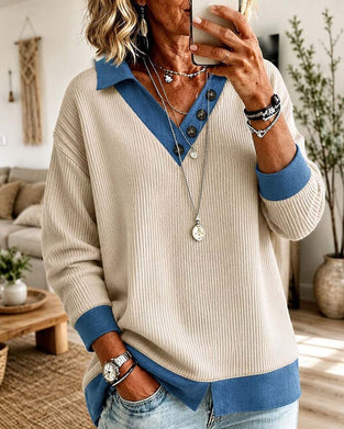 Top Farveblok V-Hals Casual