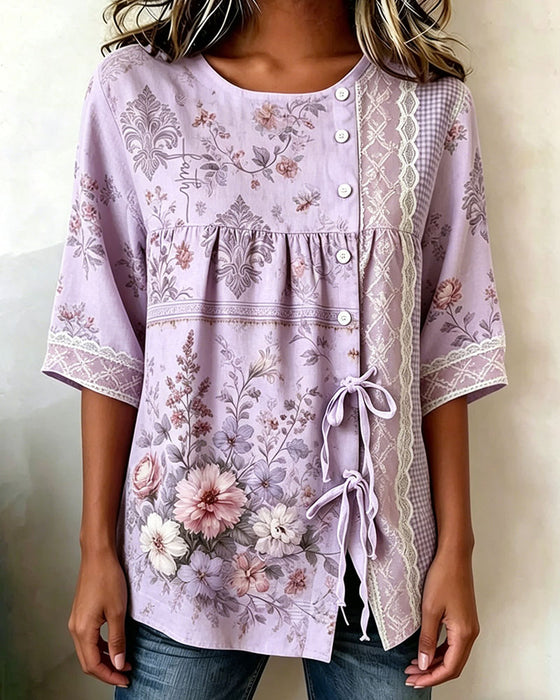 Bluse Retro Blomstermønster Afslappet
