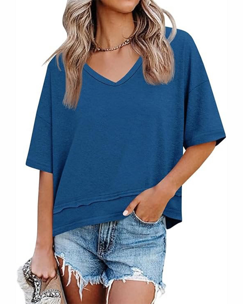 Bluse Ensfarvet V-Udskæring Patchwork Kant