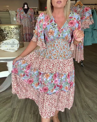 Kjole V-Hals Lotussærme Blomstret