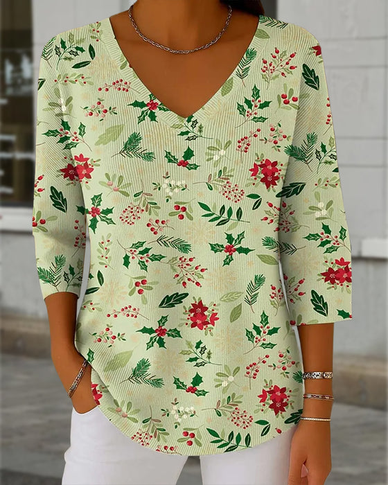 Damens strikkede top med julprint, V-hals, 3/4 ærmer, casual stil og løs passform