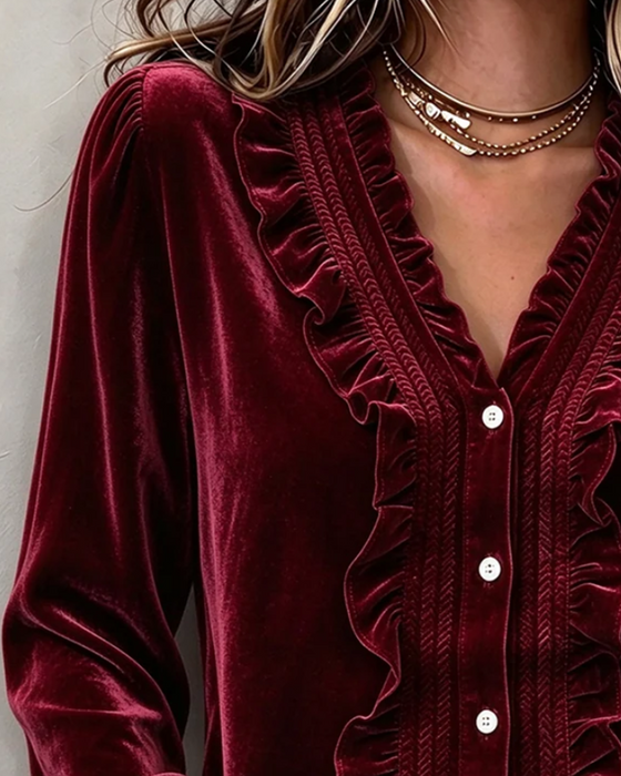 Bluse Velvet Ruffle-Trim V-Neck Langærmet