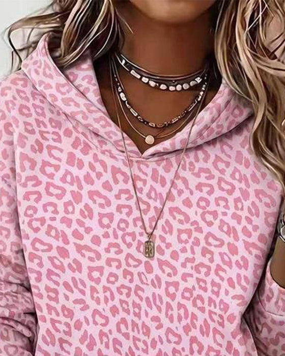 Hoodie Hætte Leopard Lomme Løs