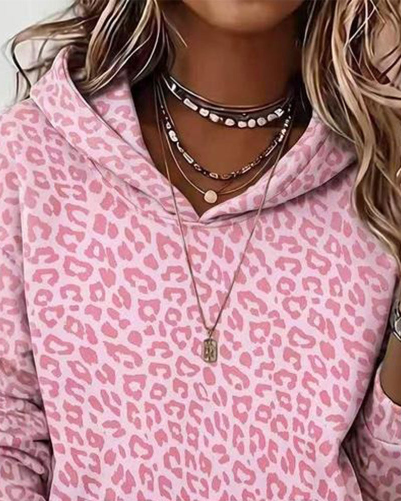 Hoodie Hætte Leopard Lomme Løs