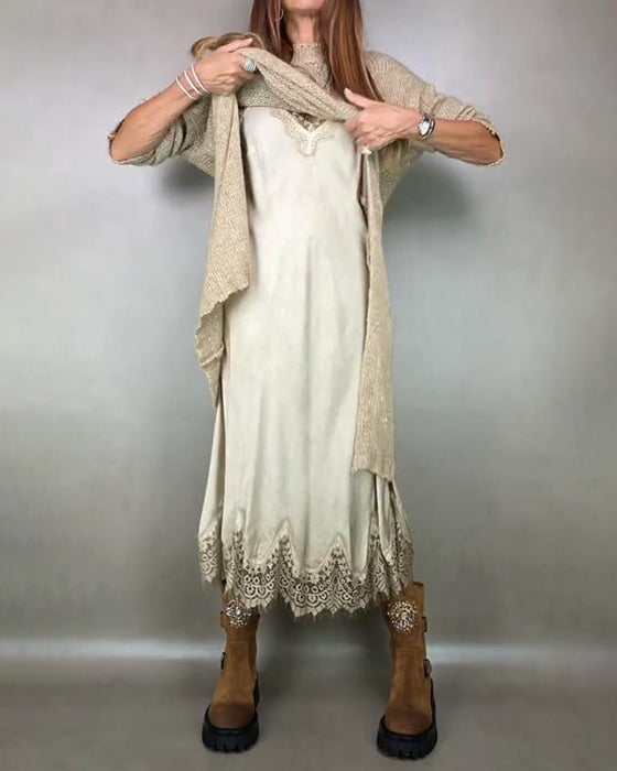 To - Delers Sæt Med Strikket Kjole Og Spids Cami - Kjole