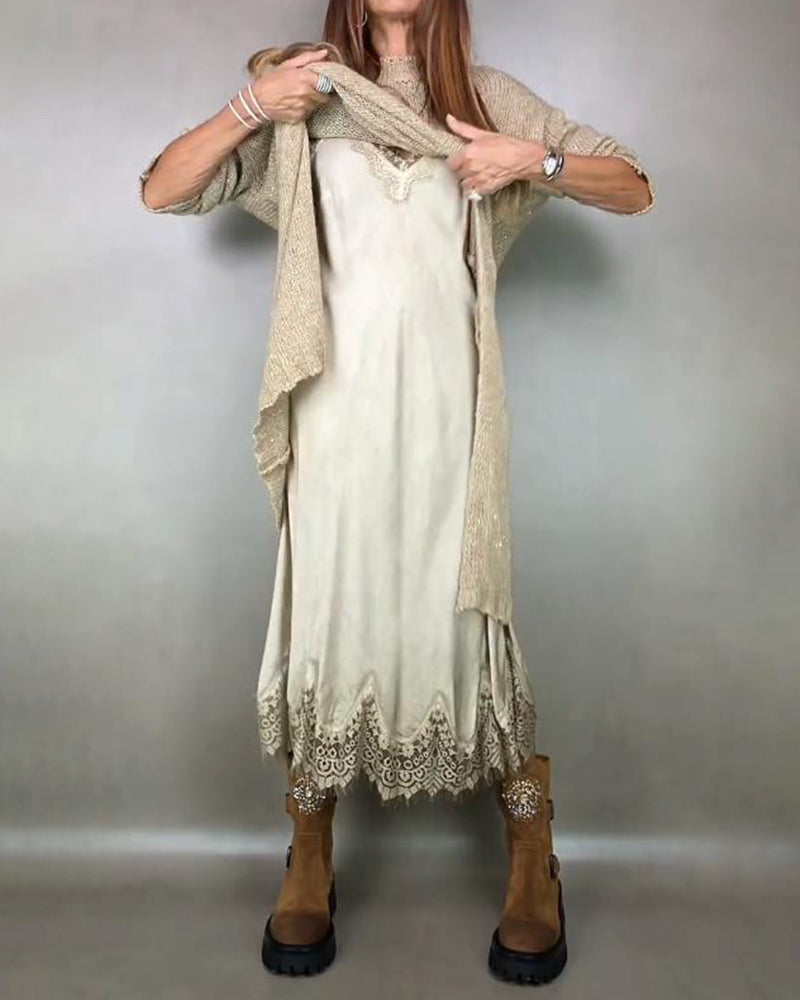 To - Delers Sæt Med Strikket Kjole Og Spids Cami - Kjole