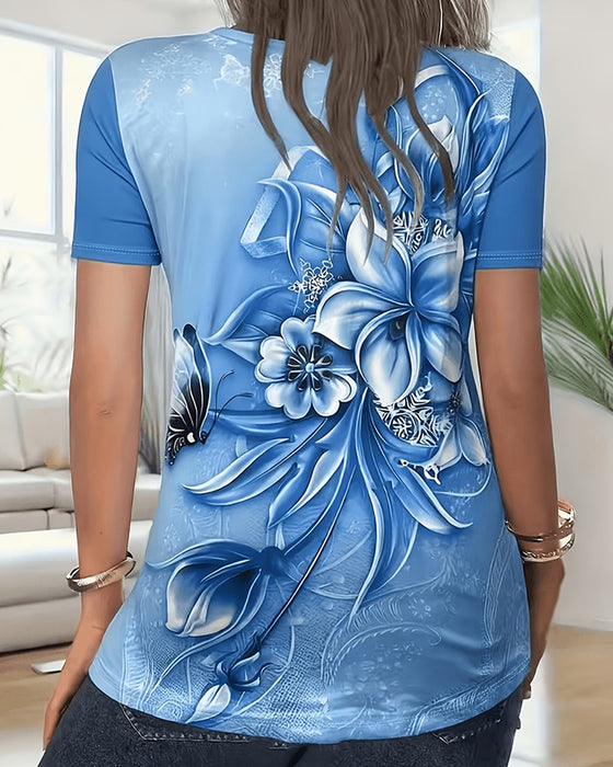 T-Shirt Blomstret V-Hals Kortærmet