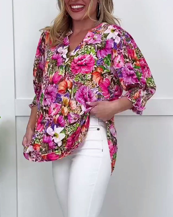 Bluse Kort Ærme Moderne Blomstret