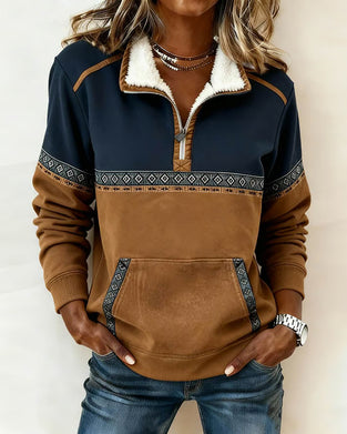 Retro Sweatshirt Med Farveblokning Og Pelskrave