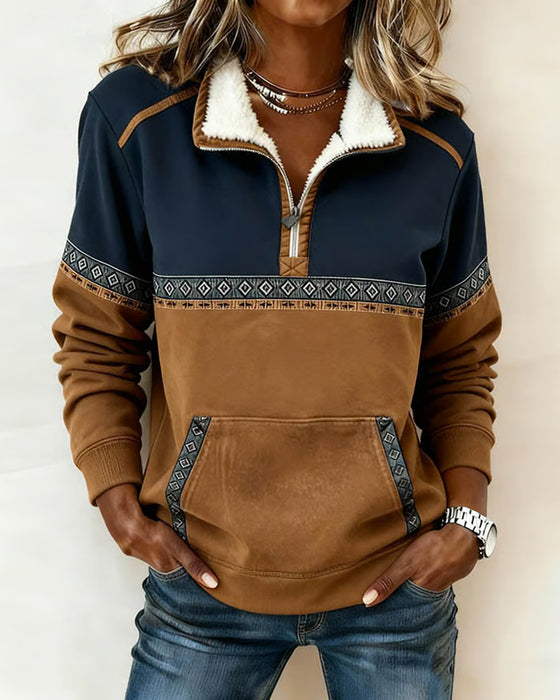 Retro Sweatshirt Med Farveblokning Og Pelskrave