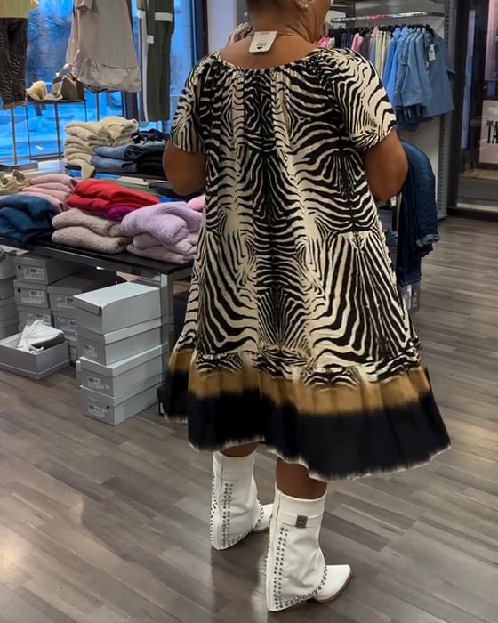 Kjole Løs Rund Hals Kort Ærme Printet