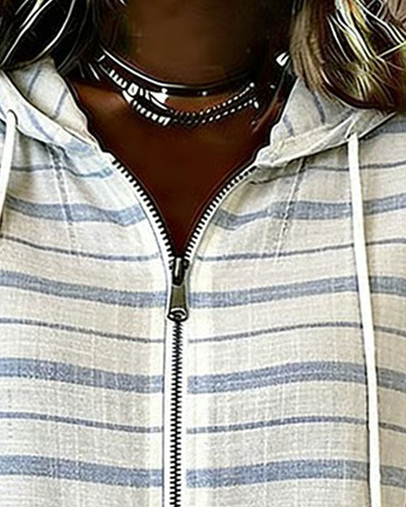 Top Stribet Hætte Lynlås Kort Ærme