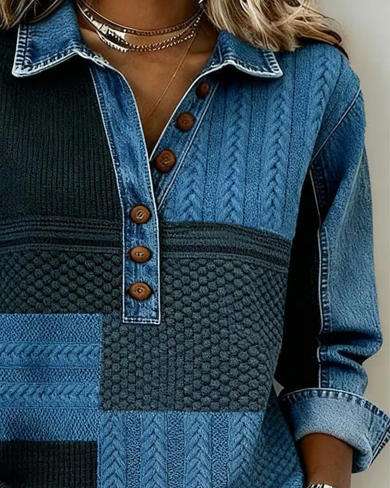 Trykt Sweatshirt Med Lange Ærmer Og Button-Down Krave