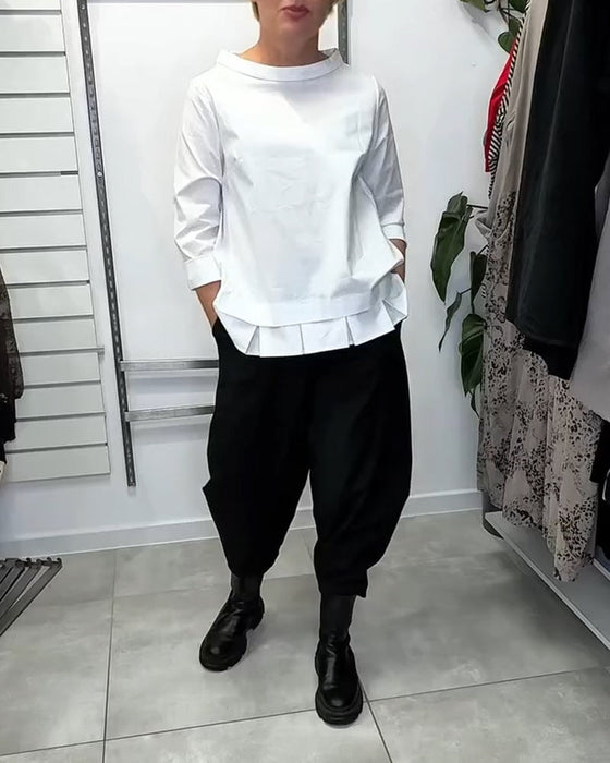 100% Bomuld Bluse Vid Krave Ensfarvet Casual