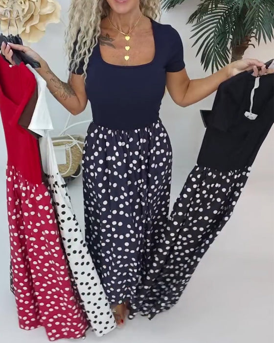 Kjole Firkantet Hals Polka Dot Patchwork