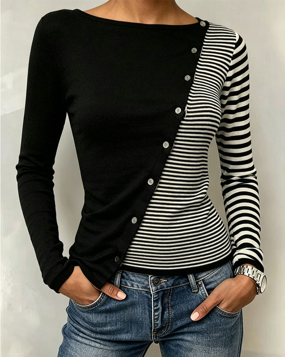 T-Shirt Kontrast Stribet Knap Patchwork