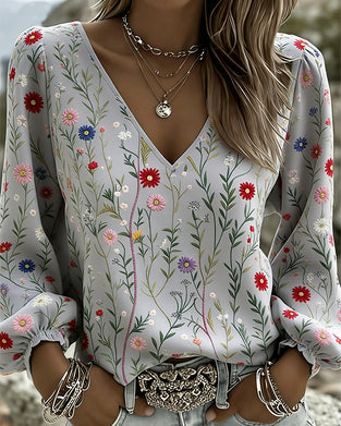 Bluse Blomstertryk Boble Ærme V-Hals