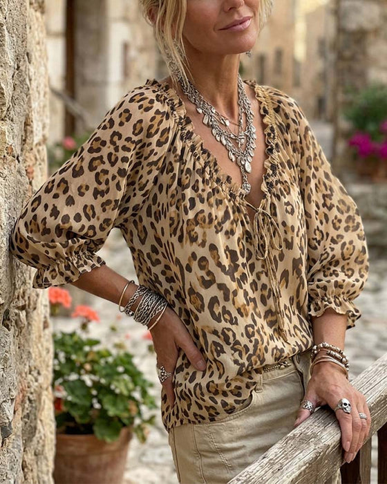 Bluse Leopardmønster V-Hals Puffærme Snøring