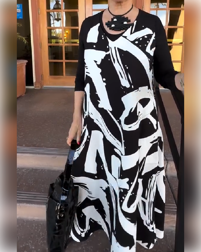 Kjole Langærmet Patchwork Trykt