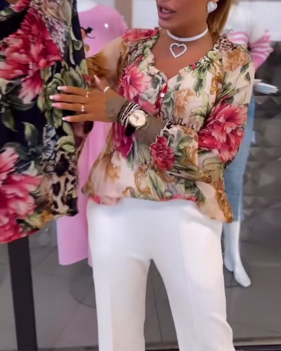 Bluse Med V-Hals Blomsterprint