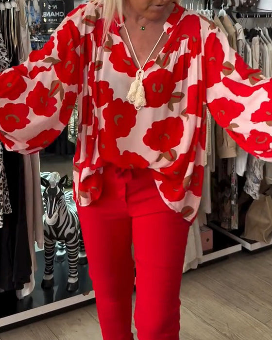 Bluse Stor Blomstret Bindebånd V-Hals