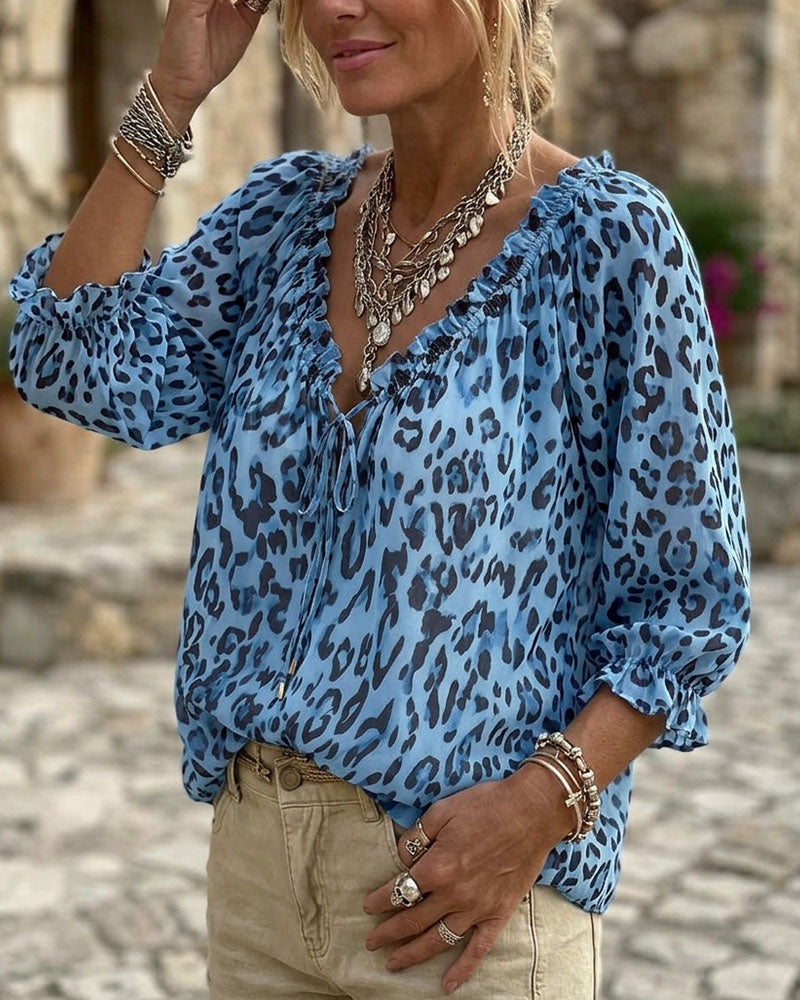 Bluse Leopardmønster V-Hals Puffærme Snøring
