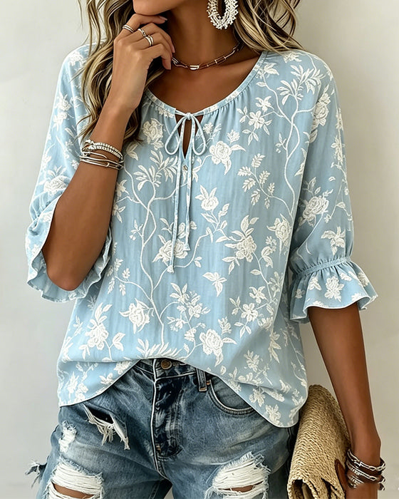 Bluse Bindebånd Ruffle Tryk