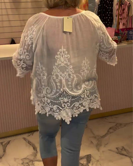 Bluse Snøring Gennemsigtig Knipling Patchwork