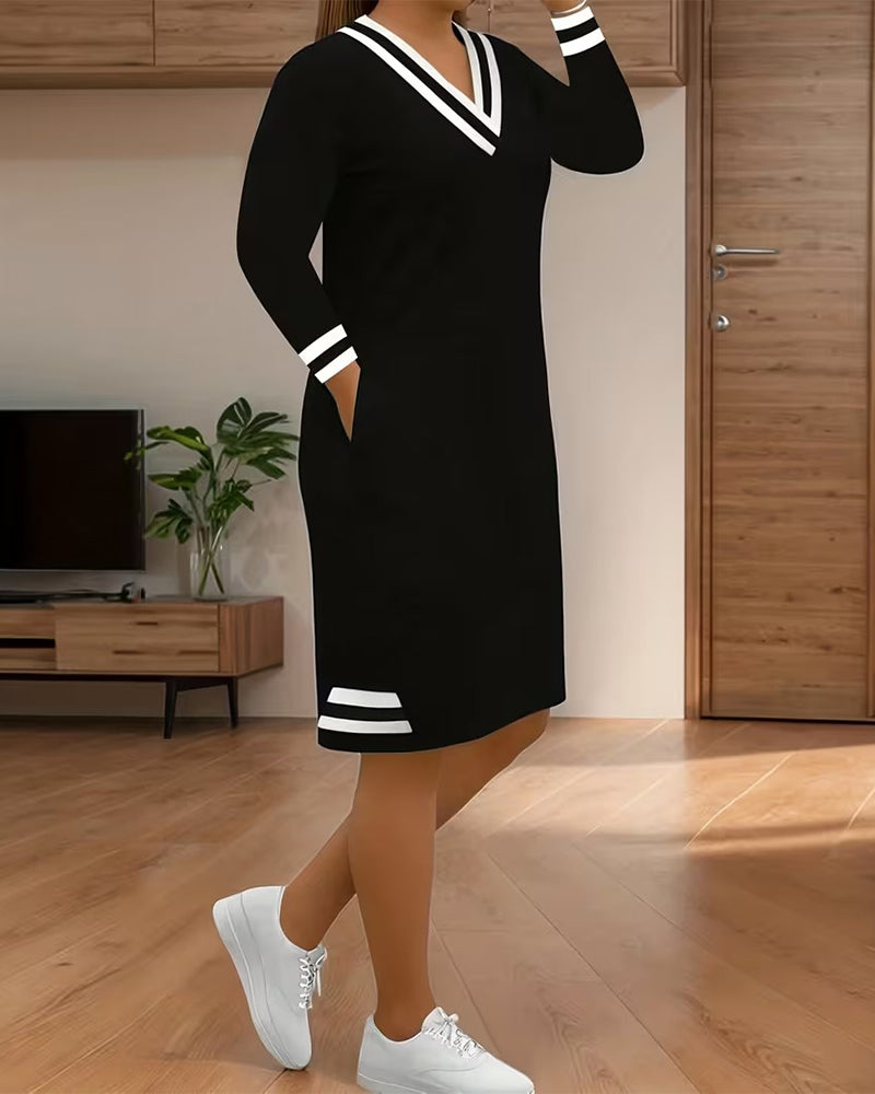 Kjole Farveblok Stribet V-Hals