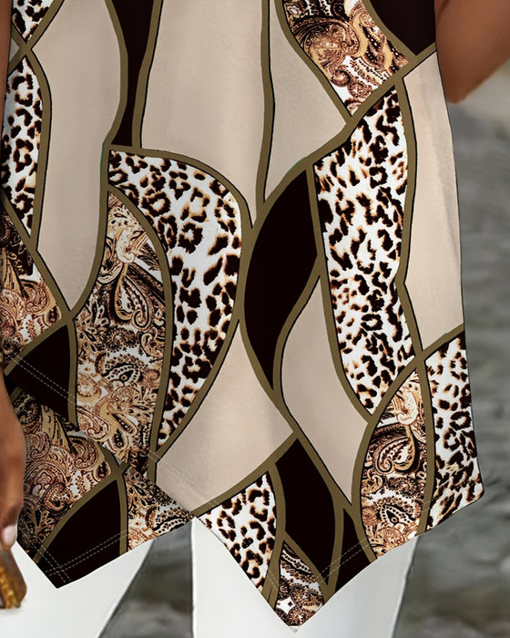 T-Shirt Uregelmæssig Geometrisk Leopard Tryk