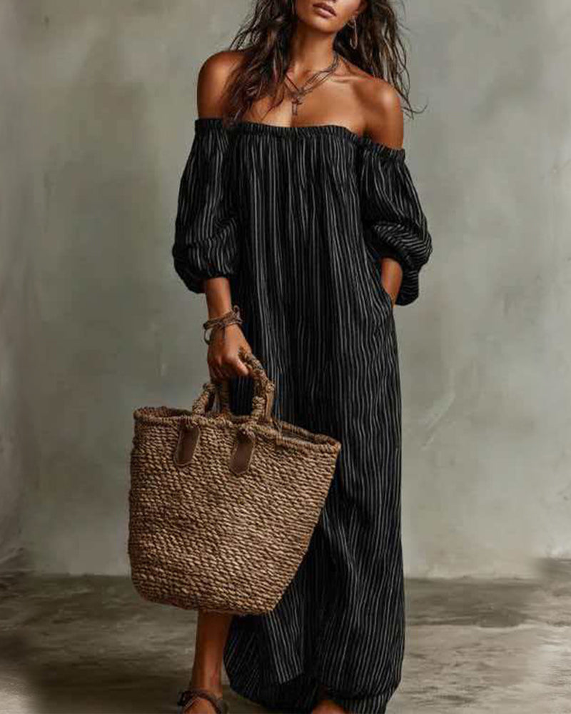 Kjole Løs Off-Shoulder Stribet
