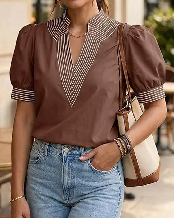 Bluse V-Hals Bobble Ærme Stribet