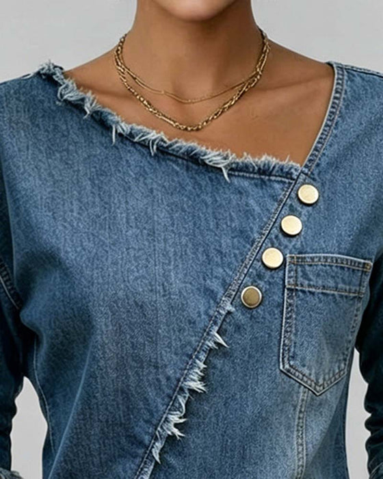 Bluse Jeans Skrå Krave Langærmet