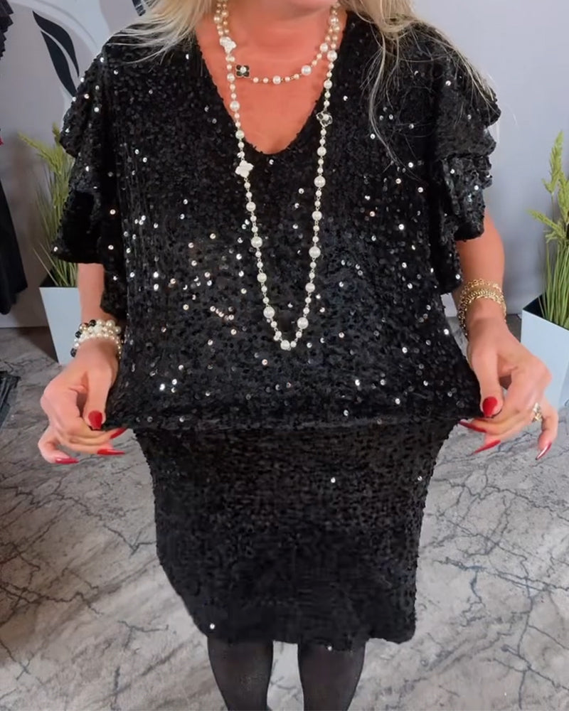 Kjole V-Hals Rufle Ærme Fløjl Glimmer