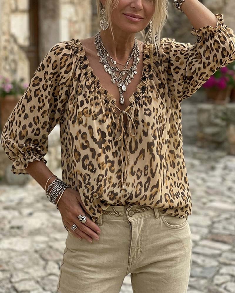 Bluse Leopardmønster V-Hals Puffærme Snøring