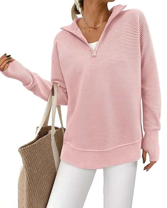 Stribet Langærmet Sweatshirt Med Krave Og Lynlås